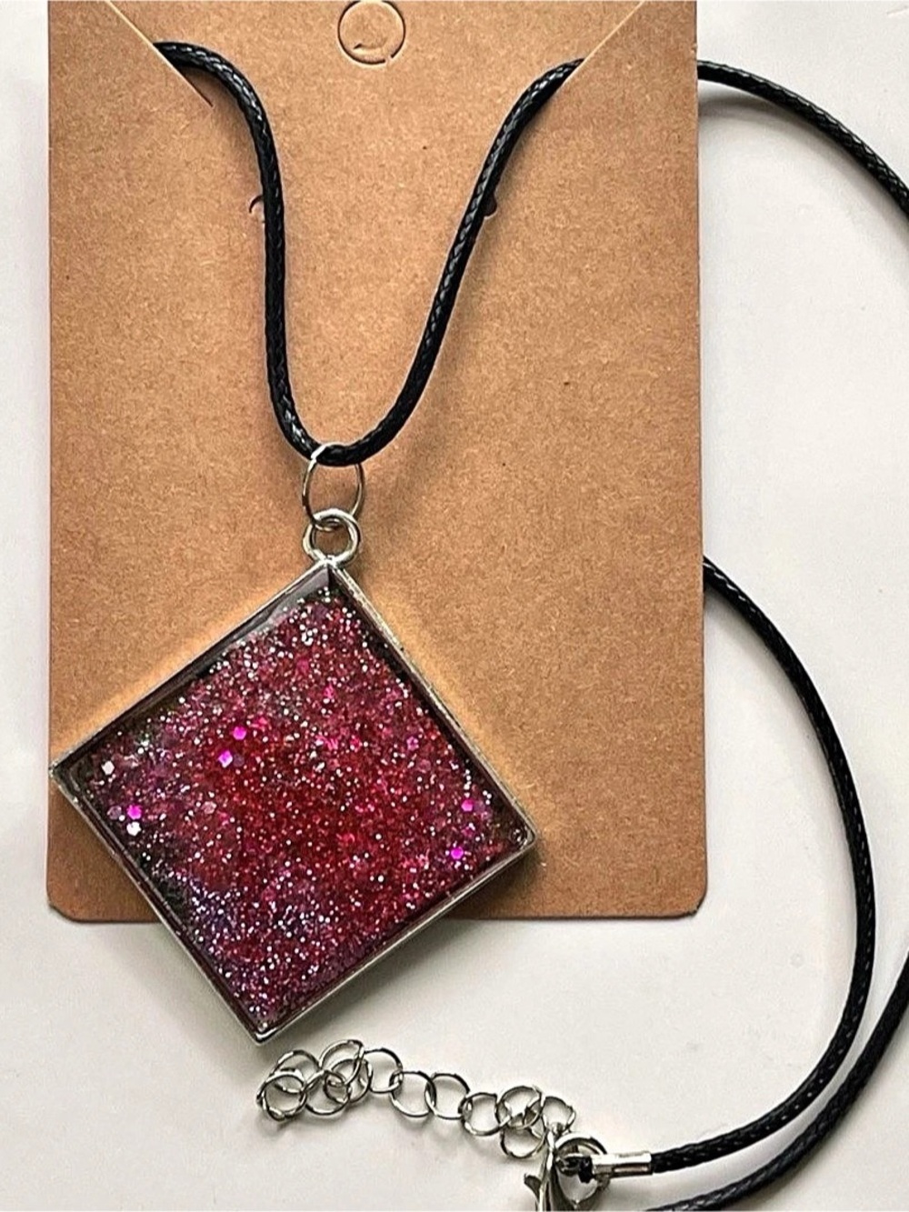 Glitter Square Pendant Necklace in Pink & Black
